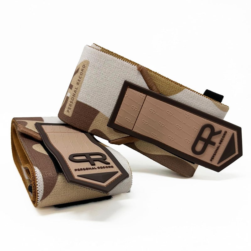 PR Personal Record Elbow Wraps for Weightlifting - Heavy Duty Construction, 25% More Elasticity, Reinforced Stitching, Extra Wide Fastener, Easy to Adjust, (Sand Camo) - Image 1